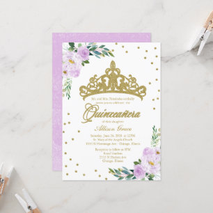 Quinceanera Invitation Gold Tiara Lila Flowers