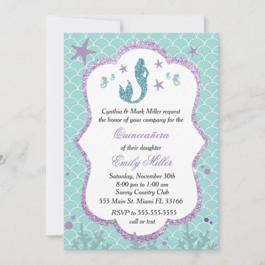Quinceañera Invitation Mermaid Paars Blauwgroen Kaart (Voorkant)