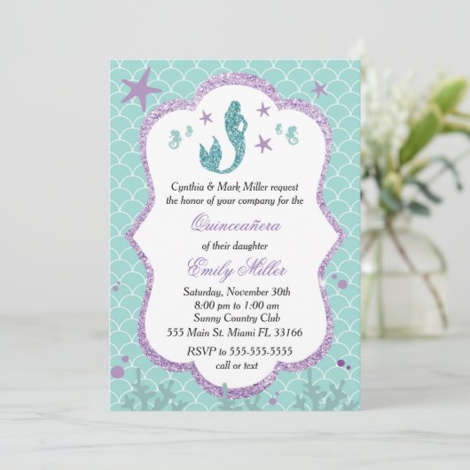 Quinceañera Invitation Mermaid Paars Blauwgroen Kaart (Staand voorkant)