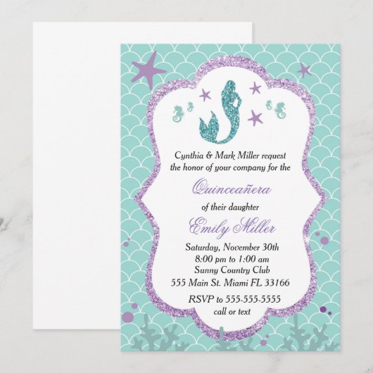 Quinceañera Invitation Mermaid Paars Blauwgroen Kaart (Voorkant / Achterkant)