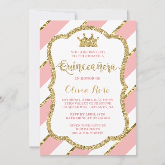 Quinceañera Invitation, Pink, Gold, Crown Kaart (Voorkant)