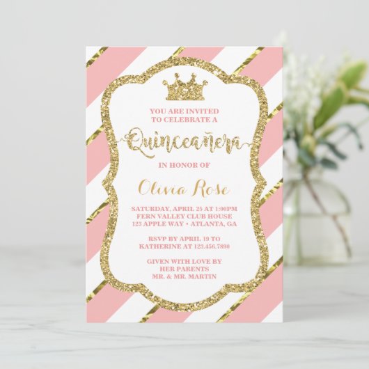 Quinceañera Invitation, Pink, Gold, Crown Kaart (Staand voorkant)