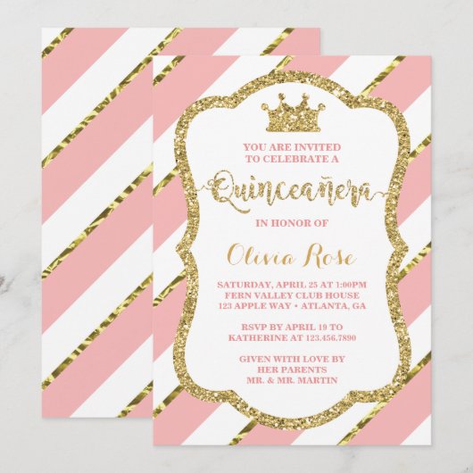 Quinceañera Invitation, Pink, Gold, Crown Kaart (Voorkant / Achterkant)