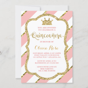 Quinceañera Invitation, Pink, Gold, Crown Kaart