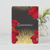 Quinceanera Invitation, Red Roses, Gold Glitter Kaart (Staand voorkant)