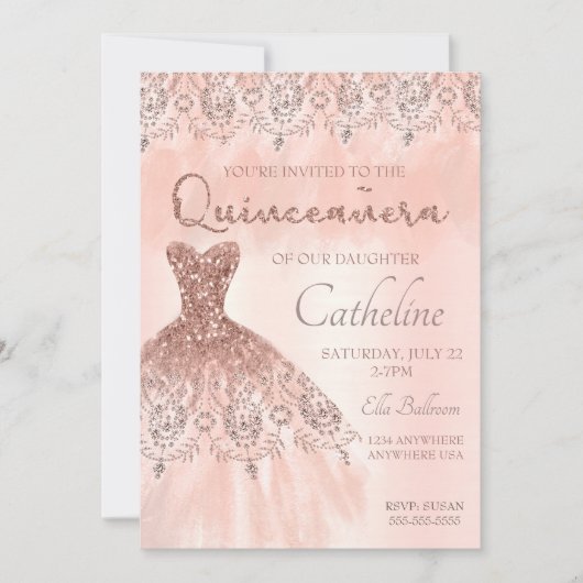 Quinceanera Invitation roos Gold, 15e verjaardag Kaart (Voorkant)