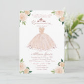 Quinceanera Invitation Roos Gold Pink Blush Gown Kaart (Staand voorkant)