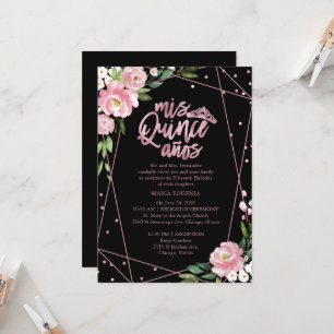 Quinceanera Invitation Roos Goudfolie Roze Bloemen Kaart