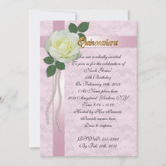 Quinceanera Invitation satin lace and white rose Kaart (Voorkant)
