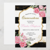 Quinceañera invitation Stripe Floral Kaart (Voorkant / Achterkant)