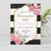 Quinceañera invitation Stripe Floral Kaart (Staand voorkant)