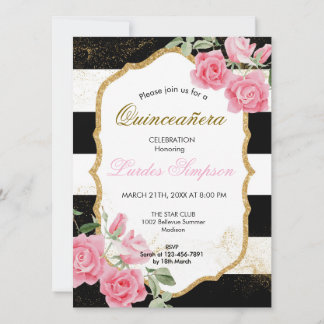  Quinceañera invitation Stripe Floral Kaart