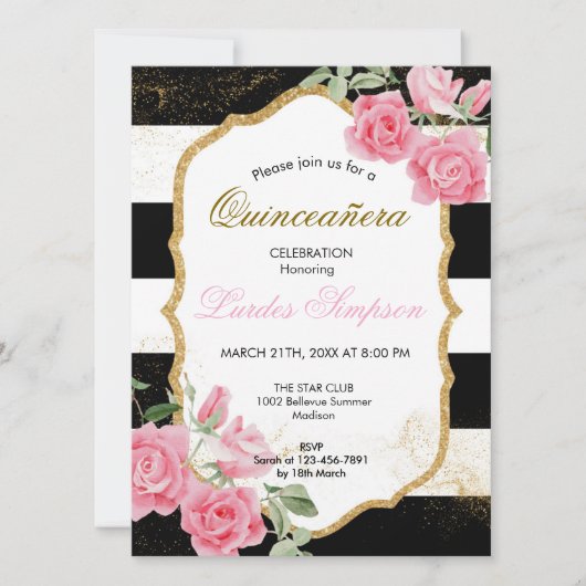 Quinceañera invitation Stripe Floral Kaart (Voorkant)