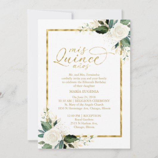 Quinceanera Invitation White Gold Foil Floral Kaart (Voorkant)