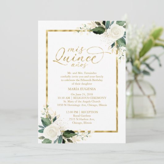 Quinceanera Invitation White Gold Foil Floral Kaart (Staand voorkant)