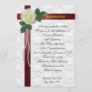 Quinceanera Invitation White rose and red ribbon Kaart