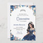 Quinceañera invitation with blue floral accents kaart (Voorkant)