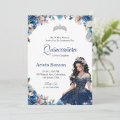 Quinceañera invitation with blue floral accents kaart (Staand voorkant)