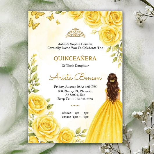 Quinceañera invitation with elegant yellow roses  kaart
