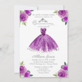 Quinceanera Invitation Zilveren Paarse Bloemen Gow Kaart (Voorkant)