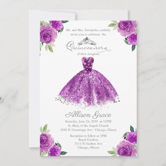 Quinceanera Invitation Zilveren Paarse Bloemen Gow Kaart (Voorkant)