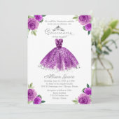 Quinceanera Invitation Zilveren Paarse Bloemen Gow Kaart (Staand voorkant)