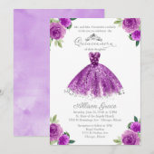 Quinceanera Invitation Zilveren Paarse Bloemen Gow Kaart (Voorkant / Achterkant)