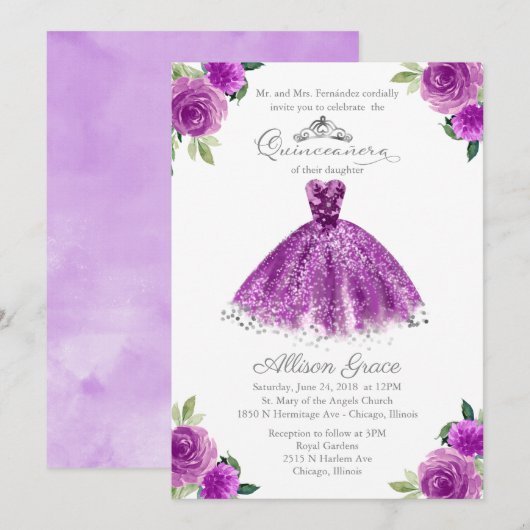 Quinceanera Invitation Zilveren Paarse Bloemen Gow Kaart (Voorkant / Achterkant)