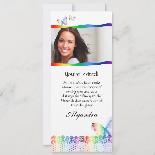 Quinceanera Invitations Butterfly Lace Rainbow Kaart (Voorkant)