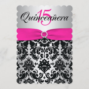 Quinceanera Invite GEDRUKT RIBBON Pink, zwart Kaart