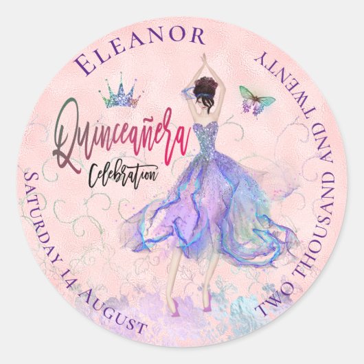 Quinceanera Iridescent Blush Glam Jurk Naam Datum Ronde Sticker (Voorkant)