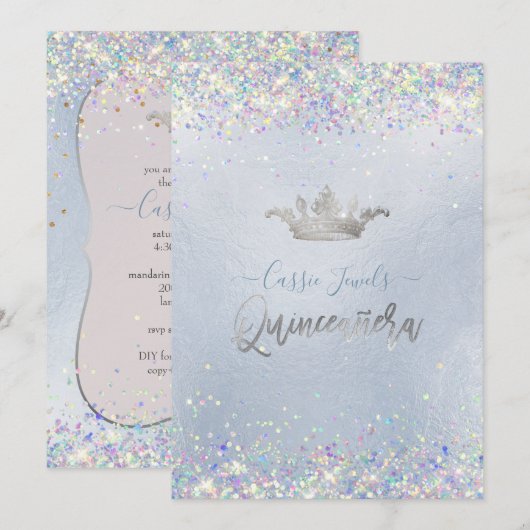 Quinceanera Iridescent Confetti+Princess Crown Kaart (Voorkant / Achterkant)