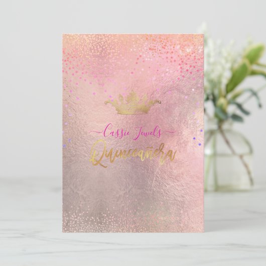 Quinceanera Iridescent Confetti+Princess Crown Kaart (Staand voorkant)