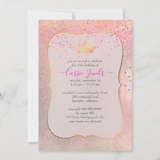 Quinceanera Iridescent Confetti+Princess Crown Kaart (Achterkant)
