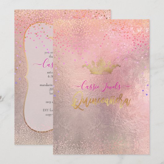 Quinceanera Iridescent Confetti+Princess Crown Kaart (Voorkant / Achterkant)