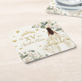 Quinceañera Ivoor Wit Bloemen Jurk Prinses Goud Kartonnen Onderzetters (Schuin)