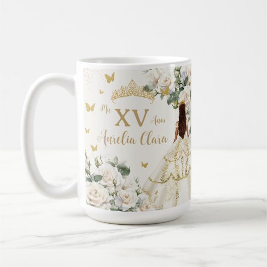 Quinceañera Ivoor Wit Bloemen Jurk Prinses Goud Koffiemok (Links)
