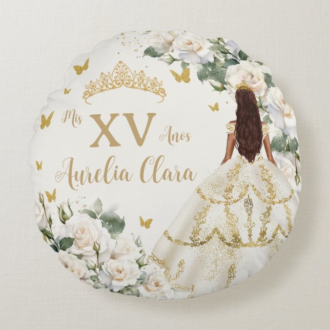 Quinceañera Ivoor Wit Bloemen Jurk Prinses Goud Rond Kussen (Voorkant)