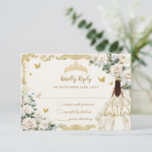 Quinceañera Ivoor Wit Bloemen Jurk Prinses Goud RSVP Kaartje (Staand voorkant)