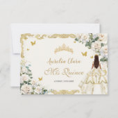 Quinceañera Ivoor Wit Bloemen Jurk Prinses Goud RSVP Kaartje (Achterkant)