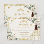 Quinceañera Ivoor Wit Bloemen Jurk Prinses Goud RSVP Kaartje (Voorkant / Achterkant)