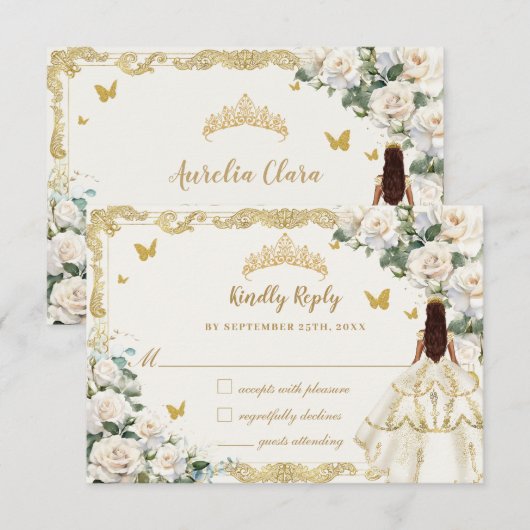 Quinceañera Ivoor Wit Bloemen Jurk Prinses Goud RSVP Kaartje (Voorkant / Achterkant)