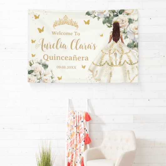 Quinceañera Ivoor Wit Bloemen Jurk Prinses Goud Spandoek (Insitu)