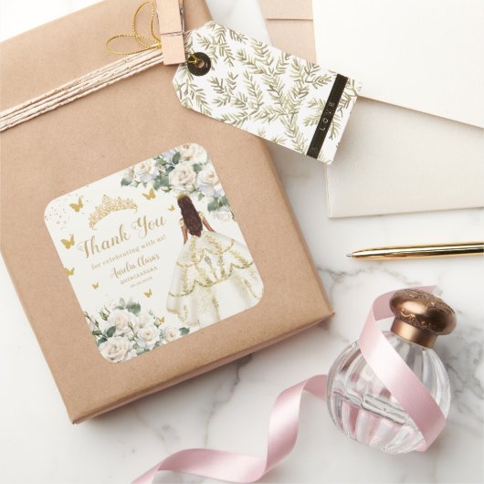 Quinceañera Ivoor Wit Bloemen Jurk Prinses Goud Vierkante Sticker (Geschenken)