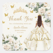 Quinceañera Ivoor Wit Bloemen Jurk Prinses Goud Vierkante Sticker (Voorkant)
