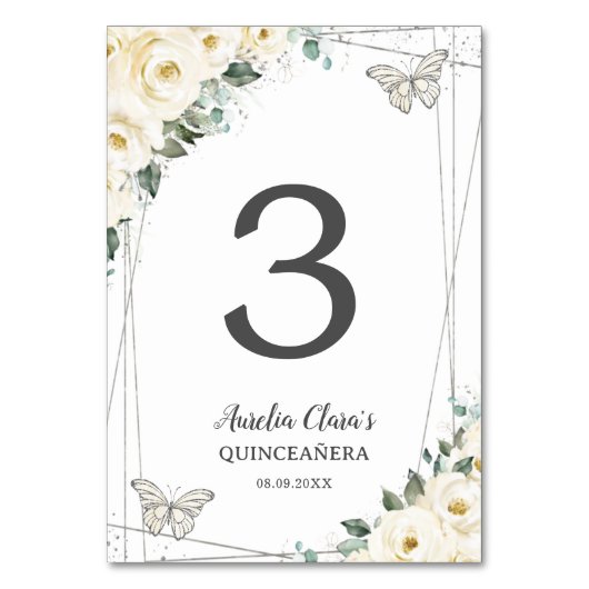 Quinceañera Ivoor Wit Bloemen Zilveren Vlinders Kaart (Achterkant)