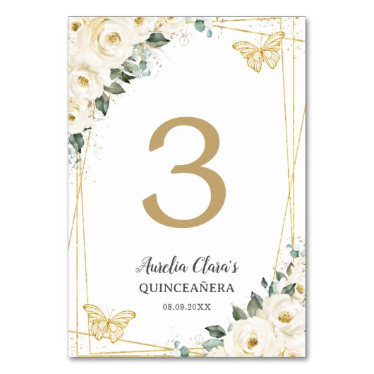 Quinceañera Ivoor Witte Bloemen Gouden Vlinders Kaart (Achterkant)