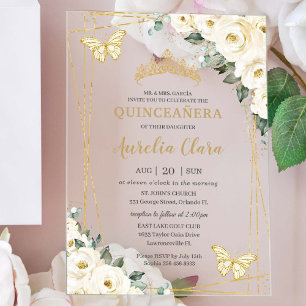 Quinceañera ivoor witte bloemen vlinders kroon acryl uitnodigingen