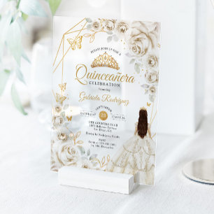 Quinceanera Ivoorkleurig Goud Crème Wit Bloemjurk Acryl Uitnodigingen
