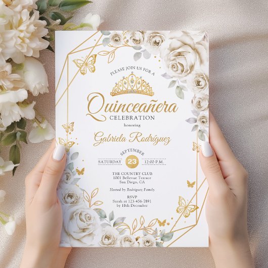 Quinceanera Ivory Gold Cream Floral Kaart